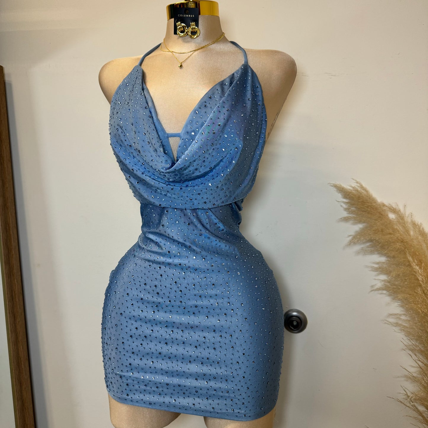 Cowl Rhinestone Dress-Baby Blue