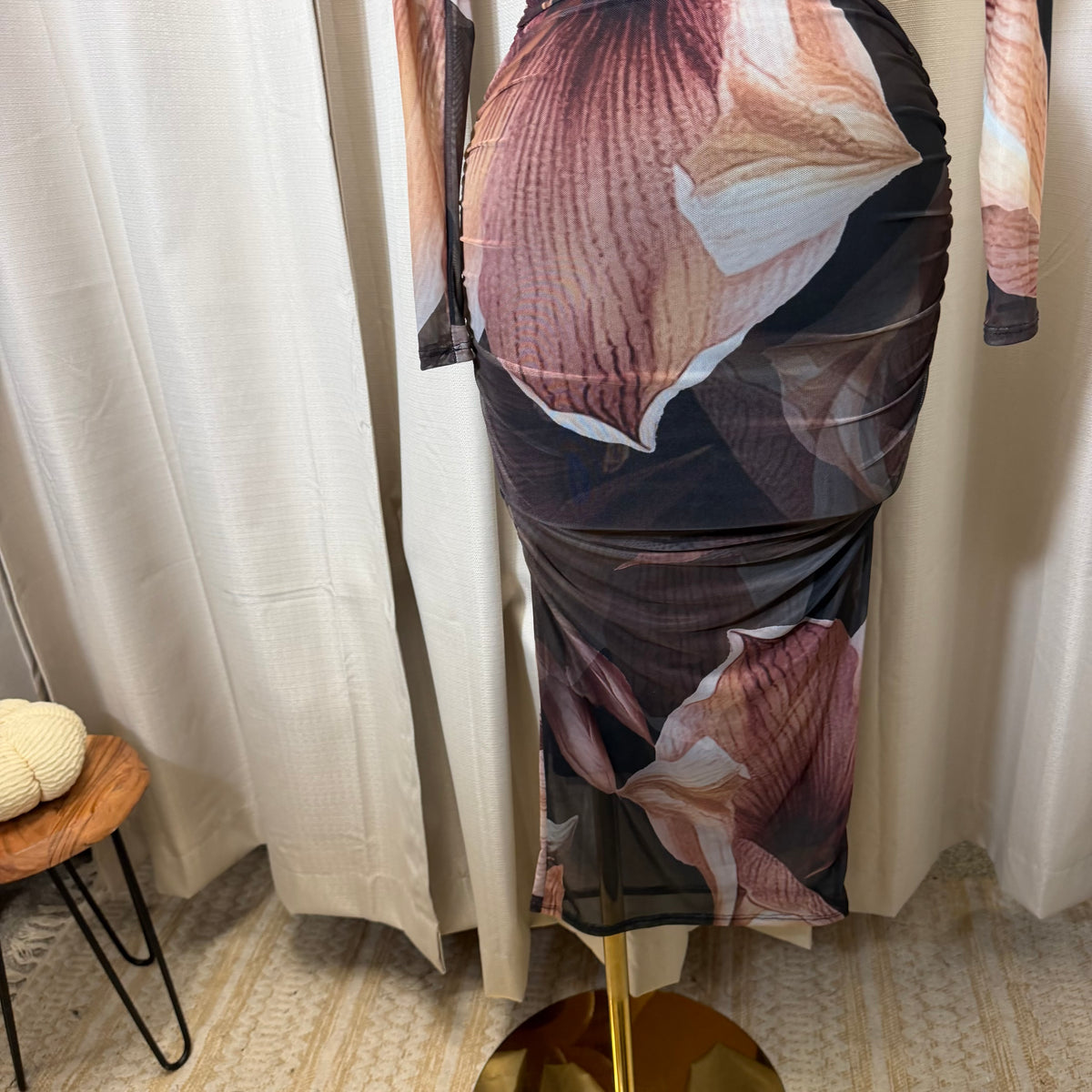 Big Flower Mesh Shirring Midi Dress-Brown Combo