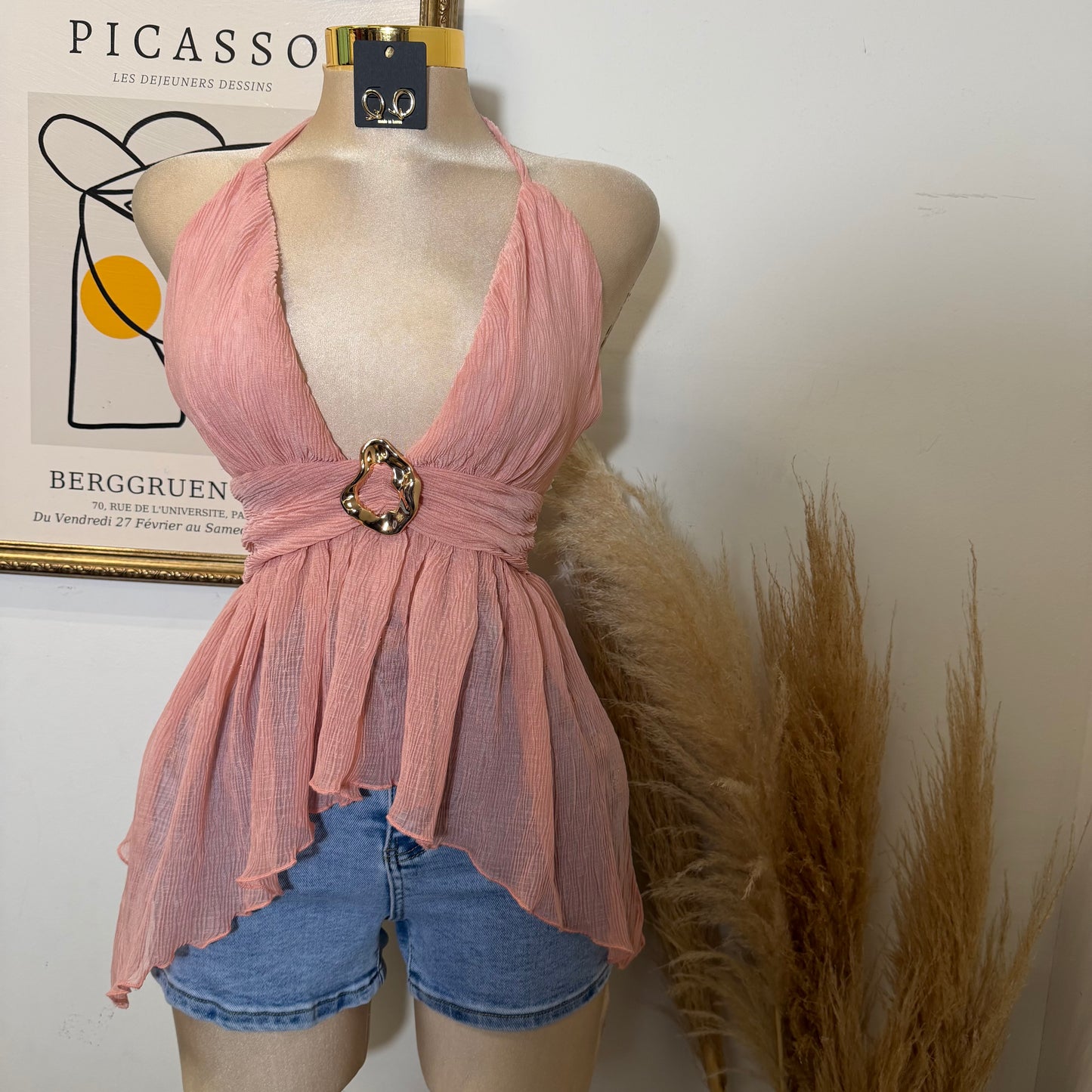 Textured Open back Top With Trim-Pink