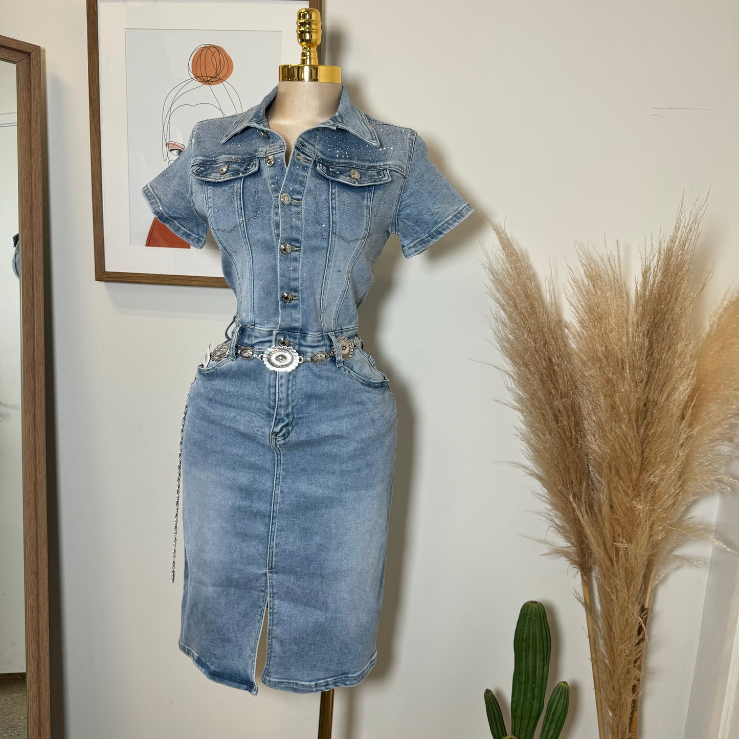 Rhinestone Denim Dress-Blue