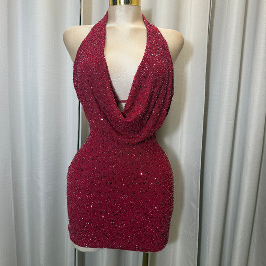 Halter sequins Beads Mini Dress-Burgundy/Red