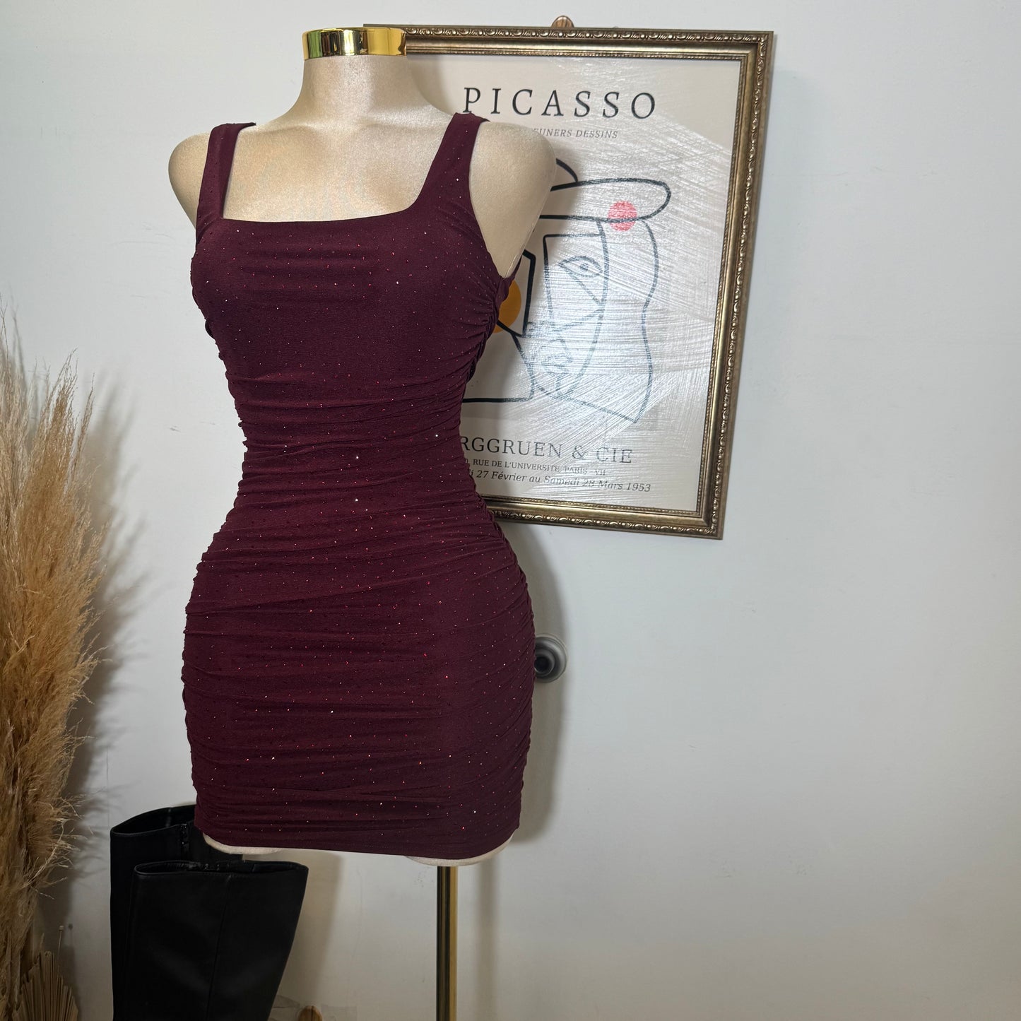 Jennica Rhinestone Dress-DK Cherry