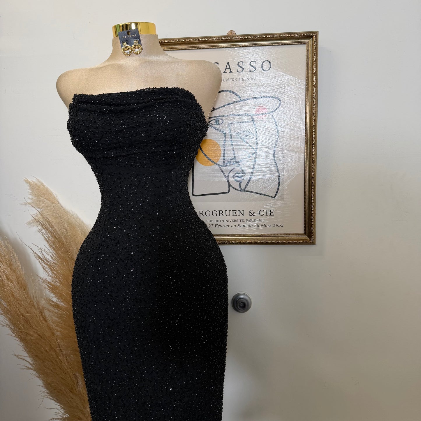 Embellished Bead Bandeau Cowl Neck Tube Maxi Dress-Black