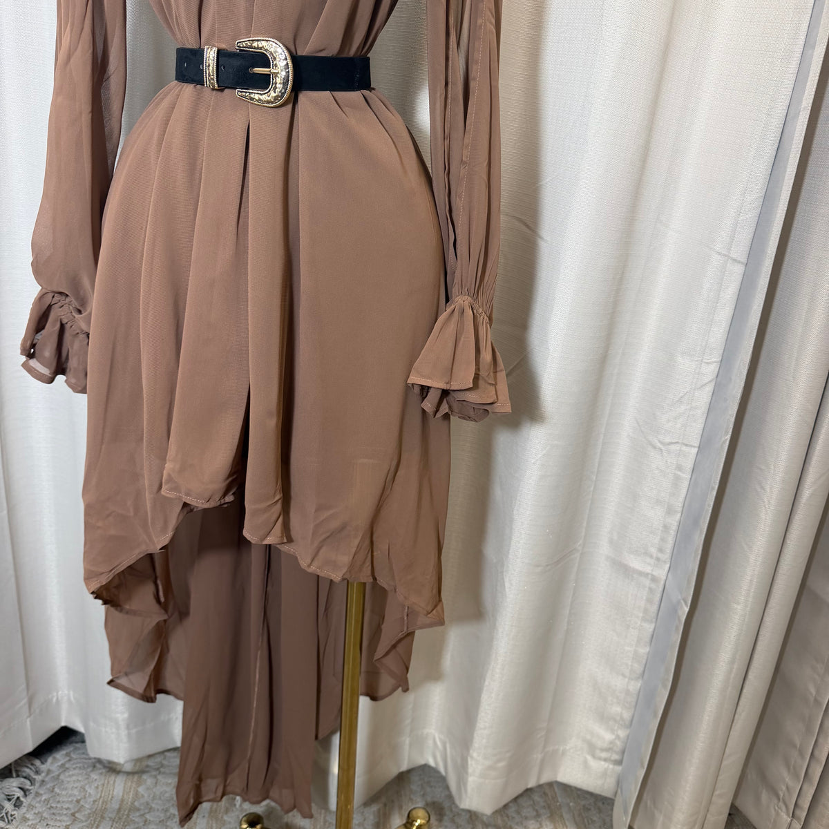 High Low Mock Neck Chiffon Maxi Dress-Brown