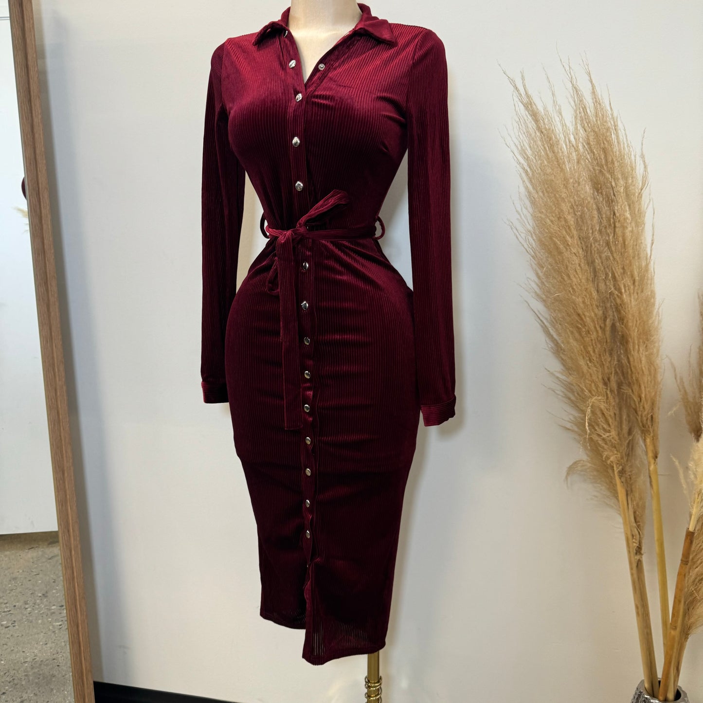 Lena Corduroy Button Down Midi Dress-Burgundy