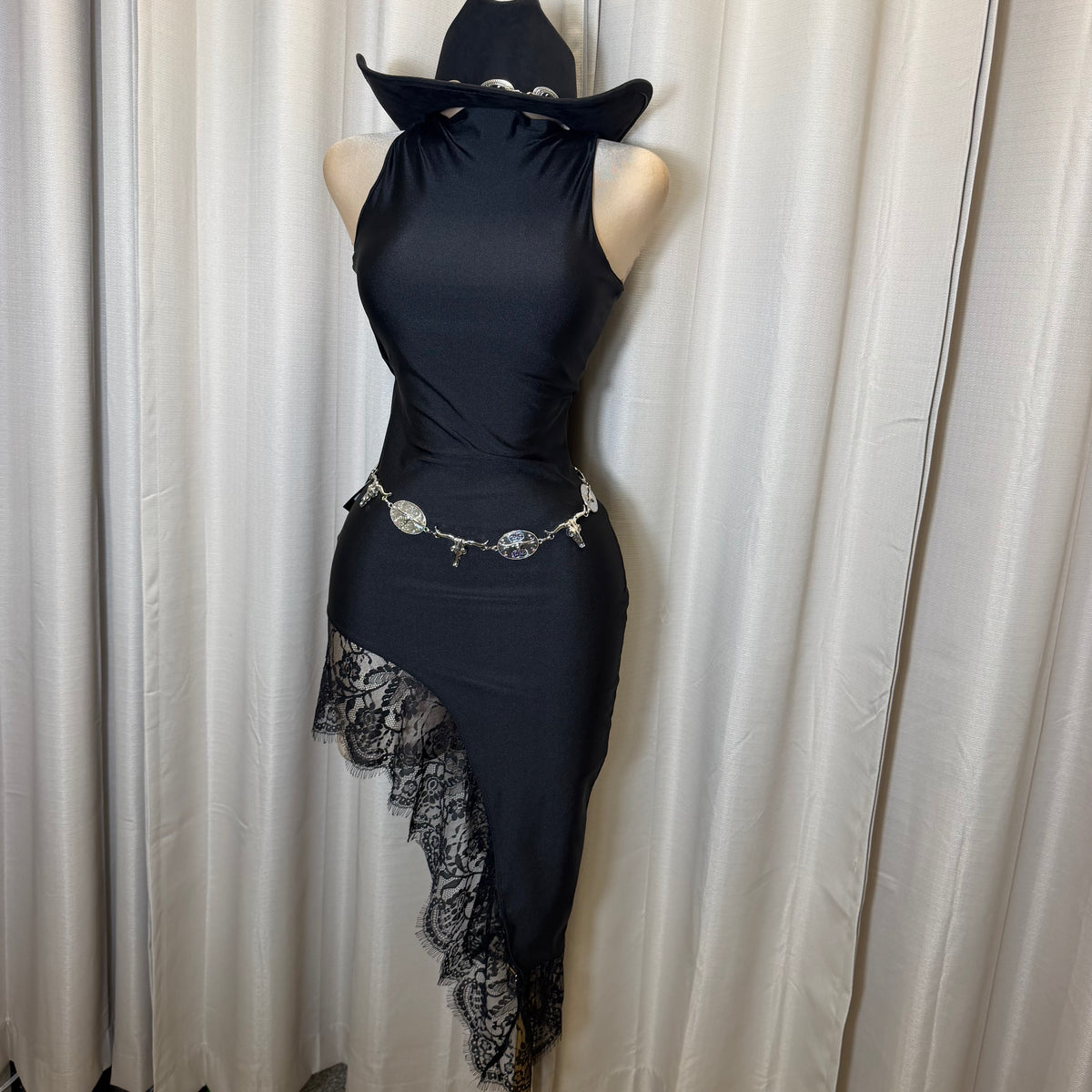 Mock neck Asymmetrical lace Detail Dress-Black