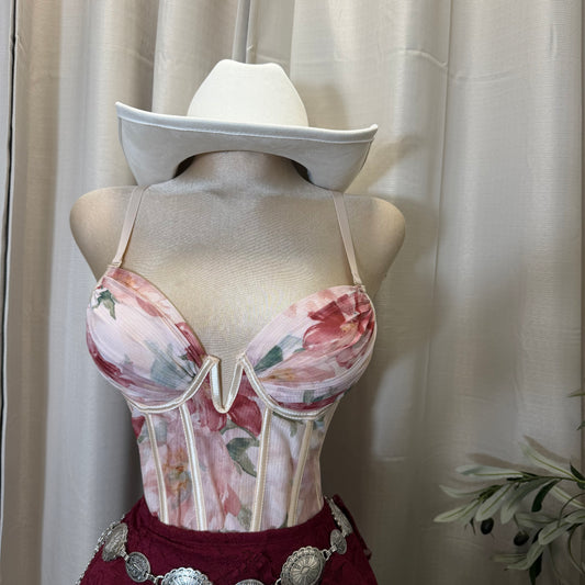 Floral V-Neck Corset -Red