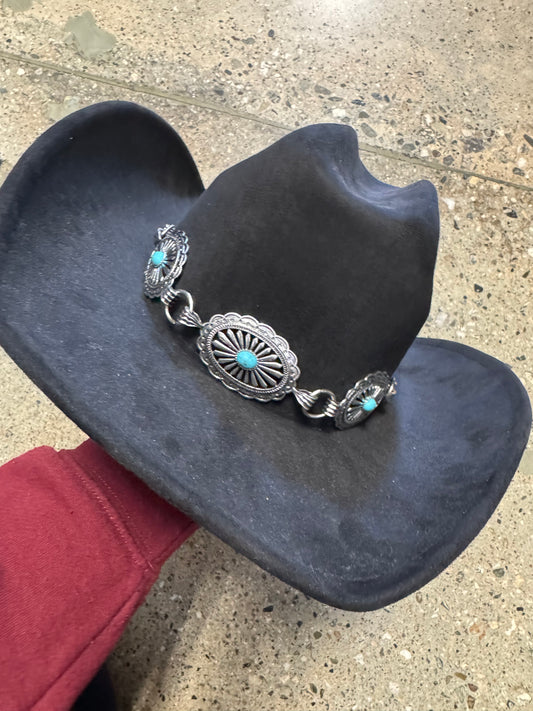 Black suede Hat With Silver chain and Turquoise detail -Silver/Black