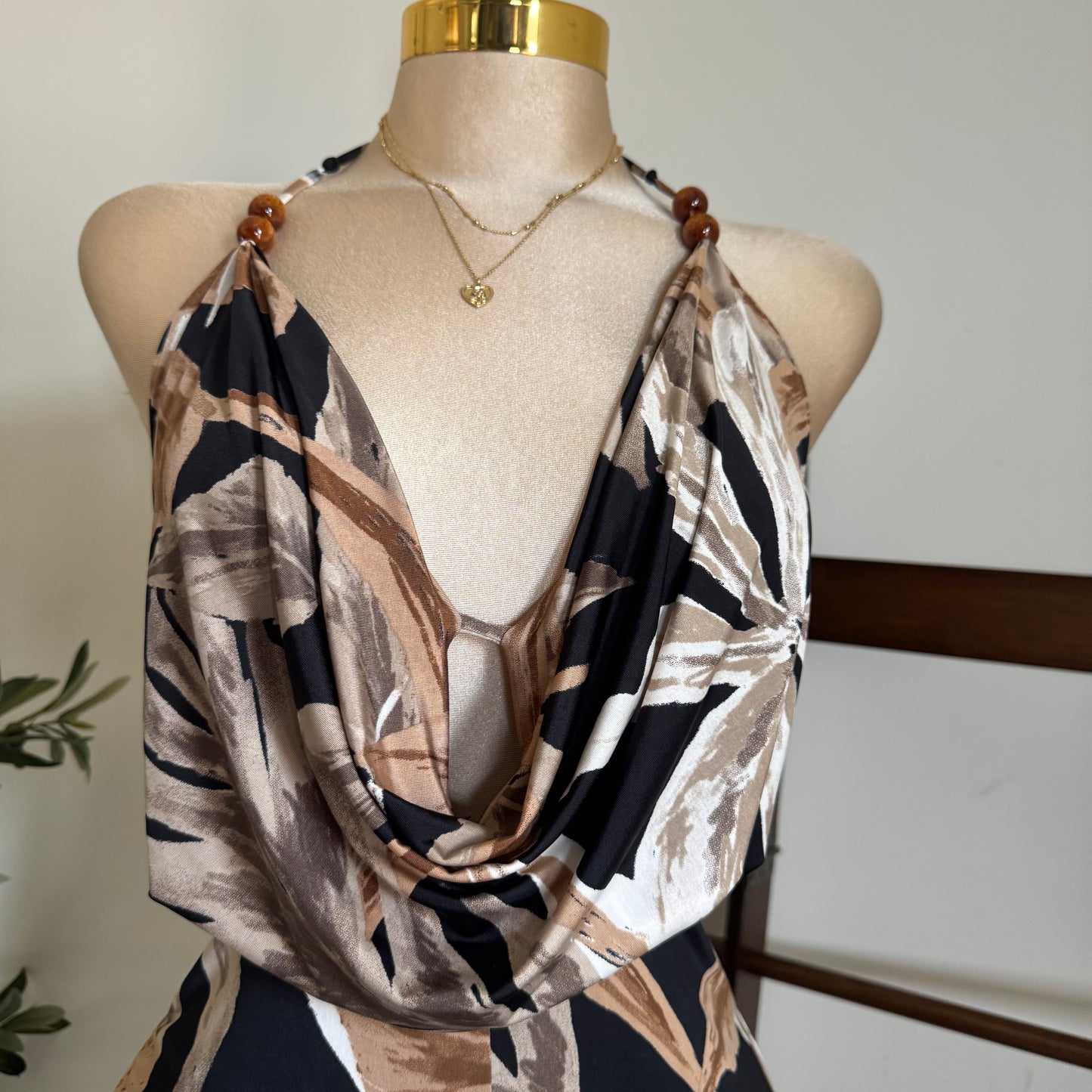 Bead Cowl Neck Halter Jumpsuit-Leaf Print