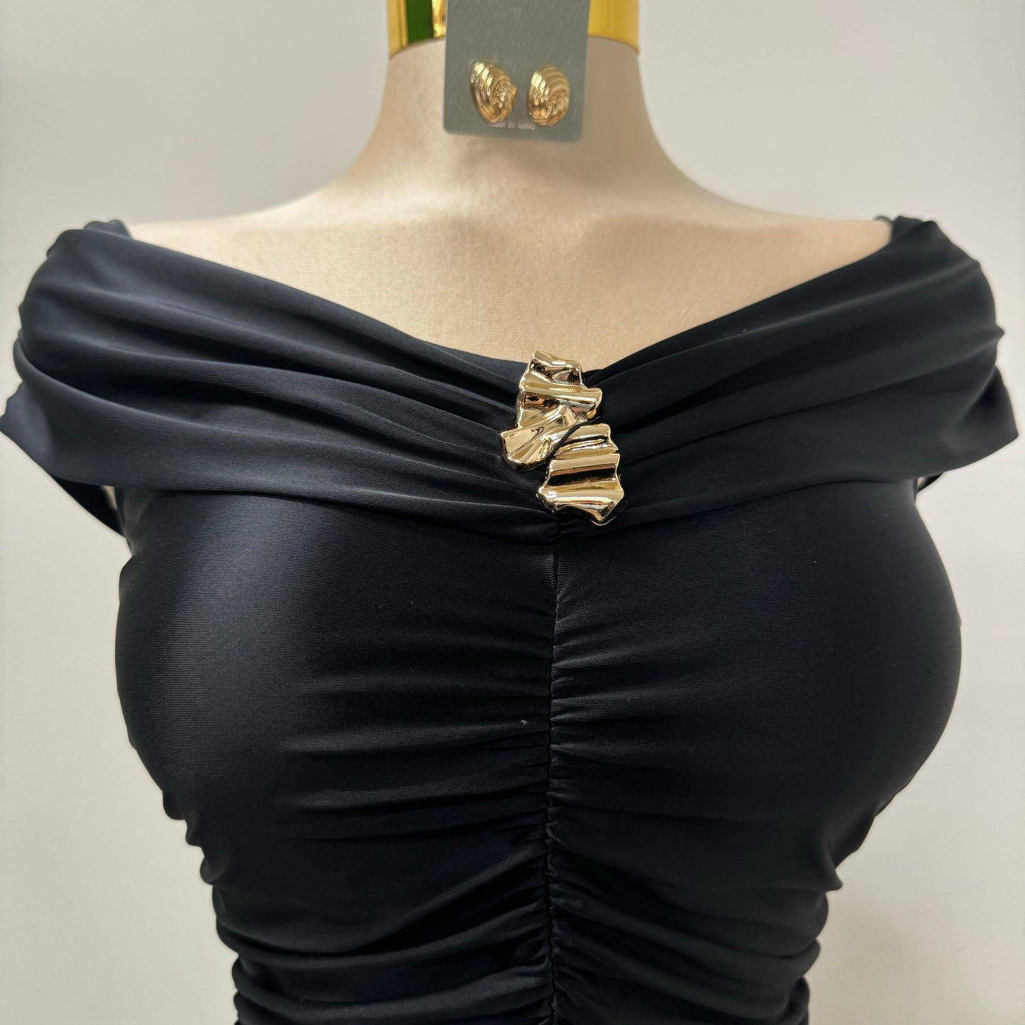 Lúxel Satin Off Shoulder MIDI Dress-Black