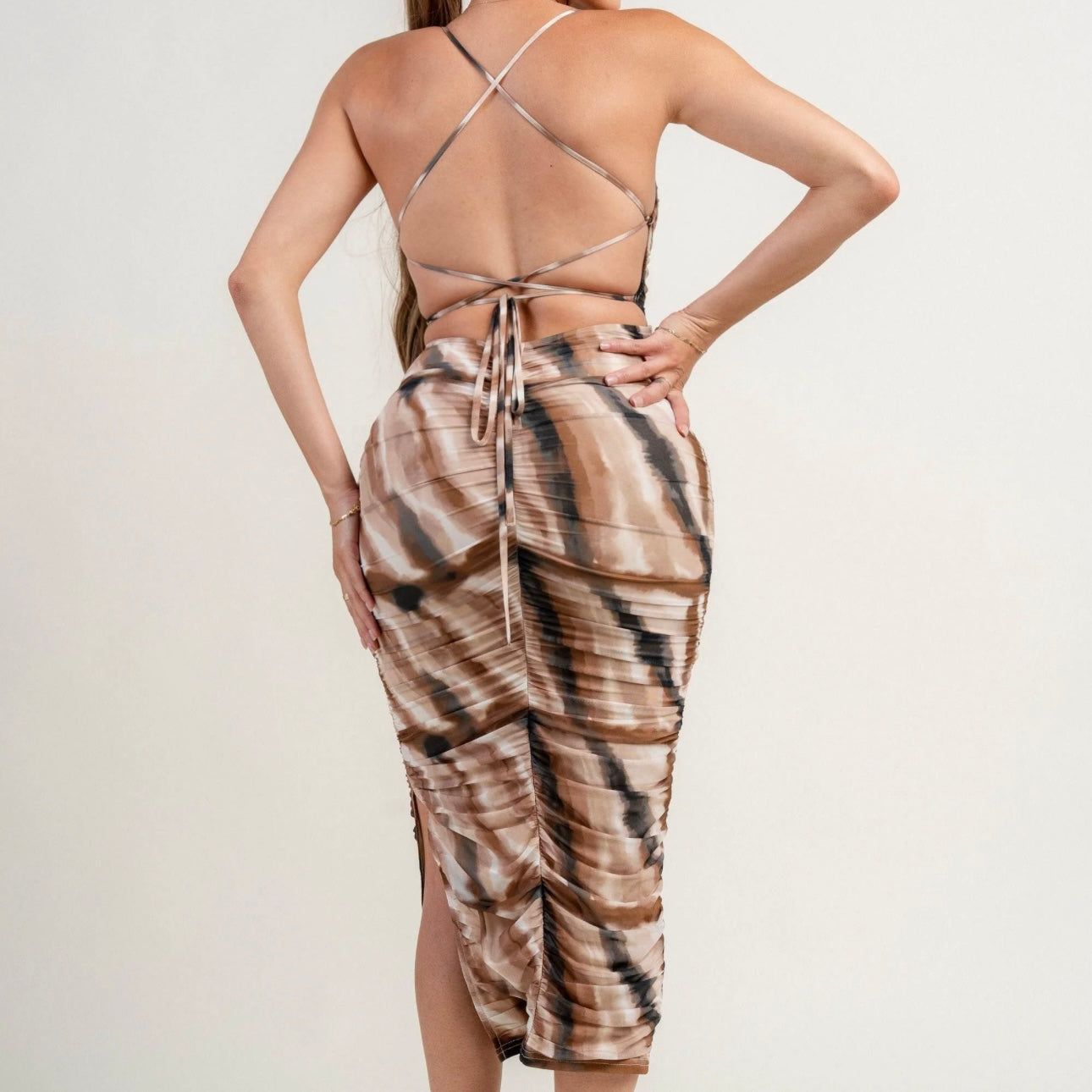 Sweetheart Lace Up Back Ruched Midi Dress-Warm sand