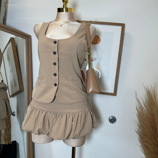 Camila Vest bubble skirt Set-Brown/Black