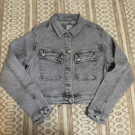 Rhinestone Denim Jacket-Light Grey