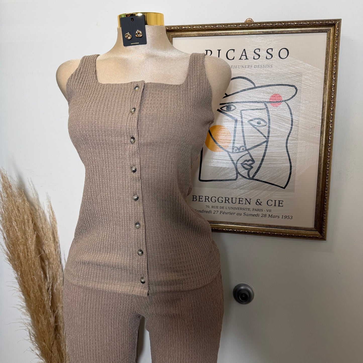Square neck Vest & Flare Pant set-Khaki