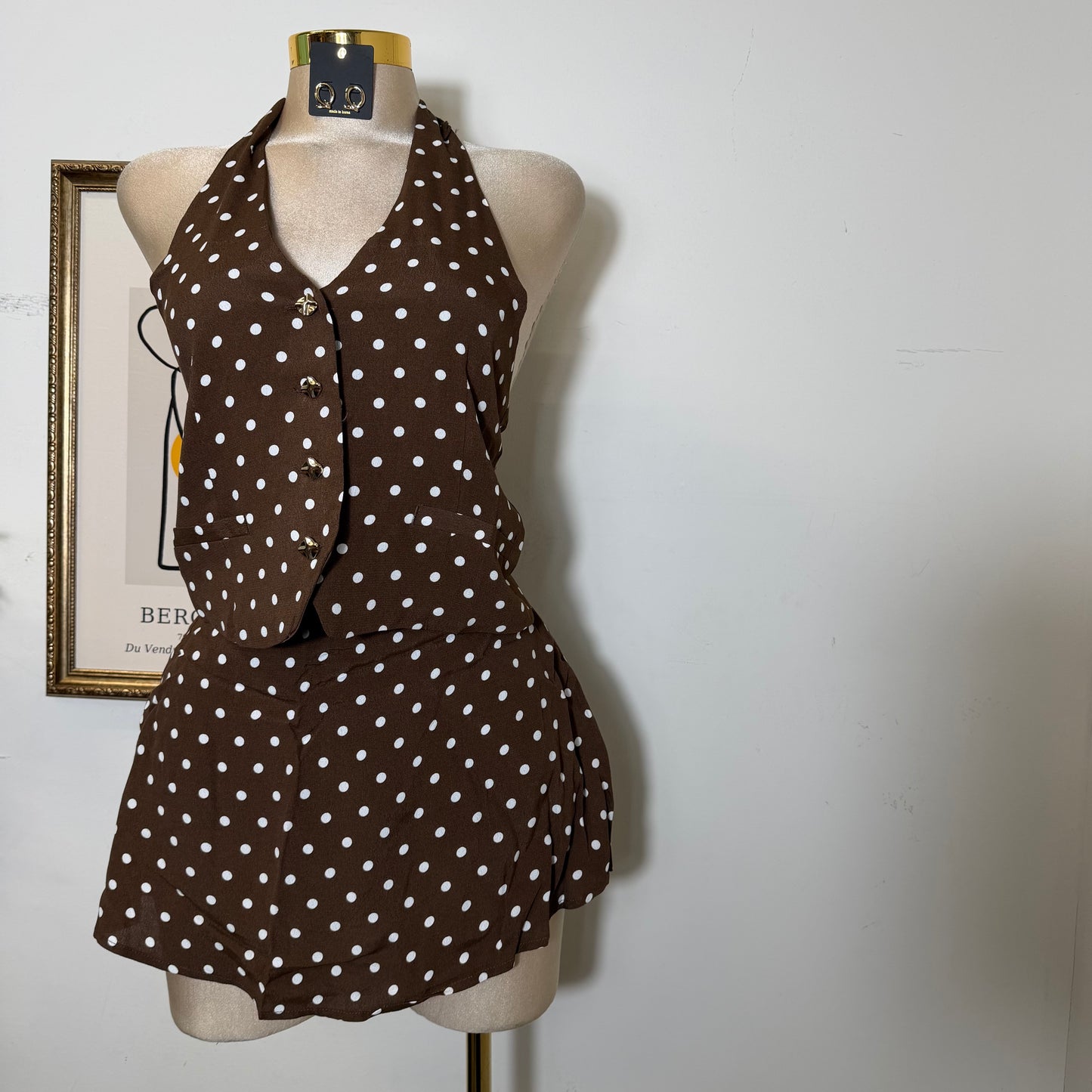 Polka Dot Halter skort Set-Mocha