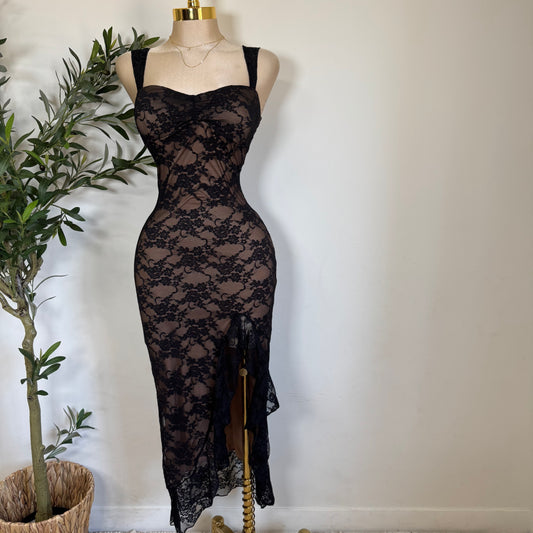 Lace Open Slit Dress-Black