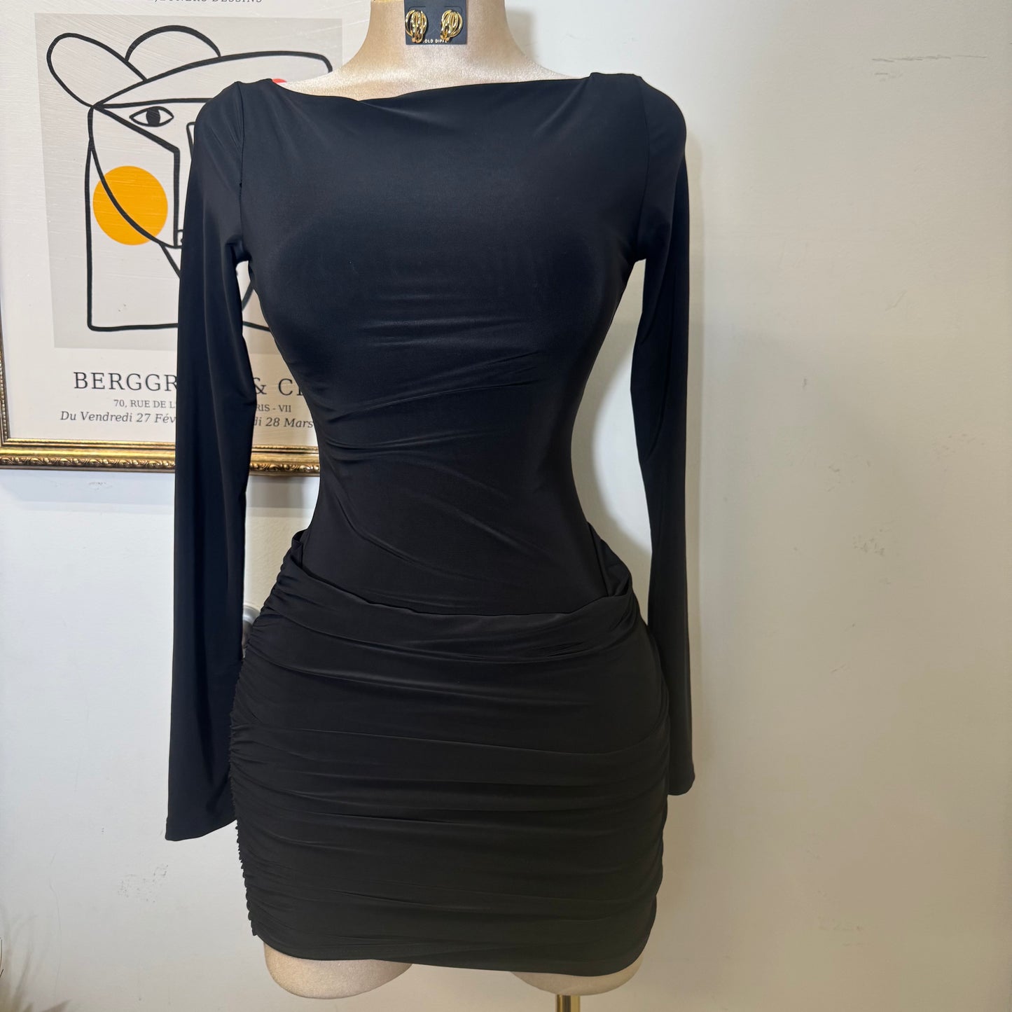 Long Sleeve Ruched Mini Dress-Black