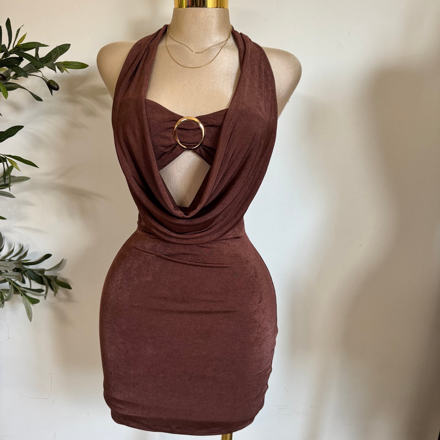 Cowl Halter Dress -Brown