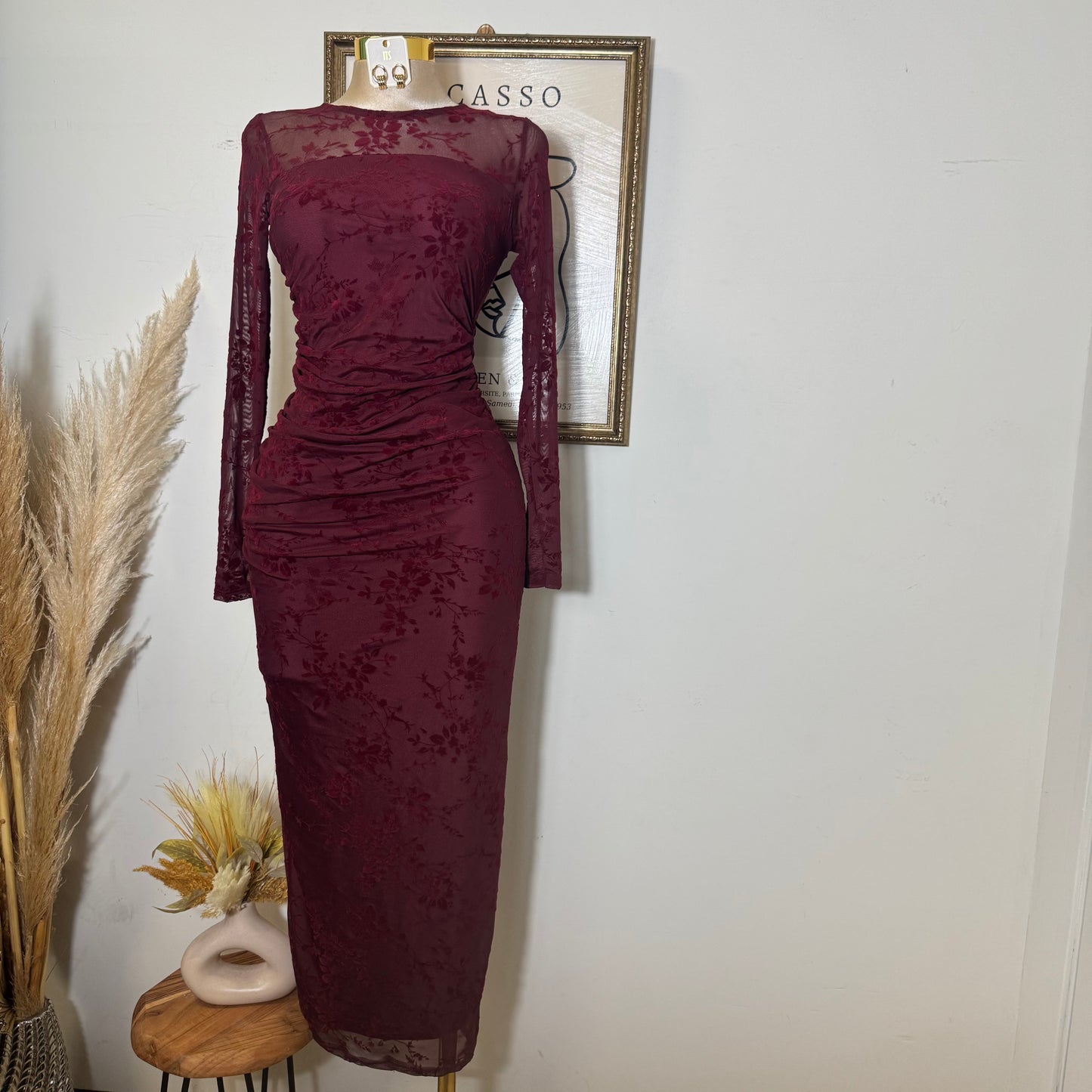 Long Sleeve Flocked Mesh Ruched Maxi Dress-Burgundy
