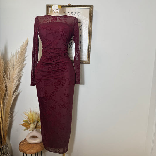 Long Sleeve Flocked Mesh Ruched Maxi Dress-Burgundy