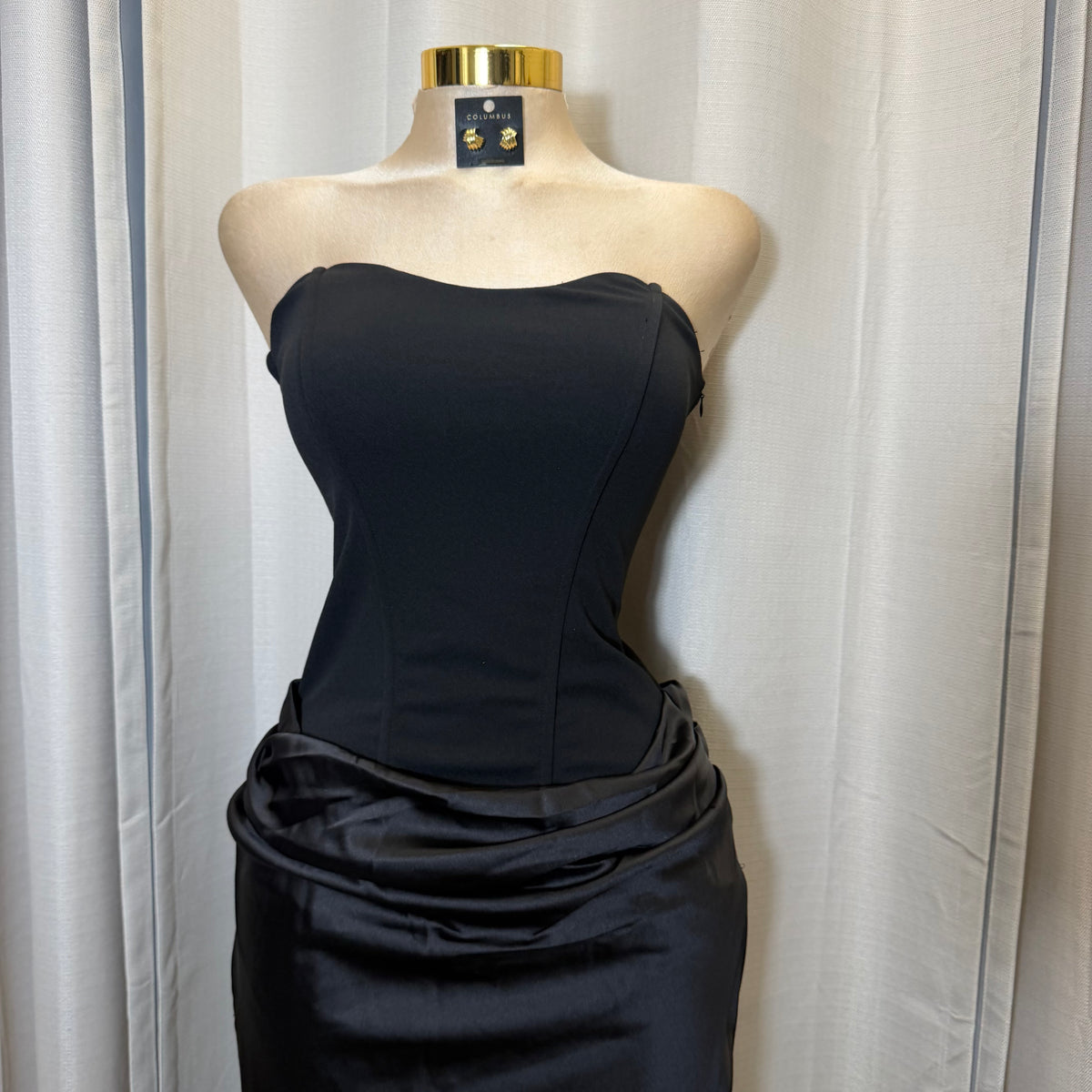 Satin Strapless Sweetheart Neckline Cowl Hip lace Maxi Dress-Black