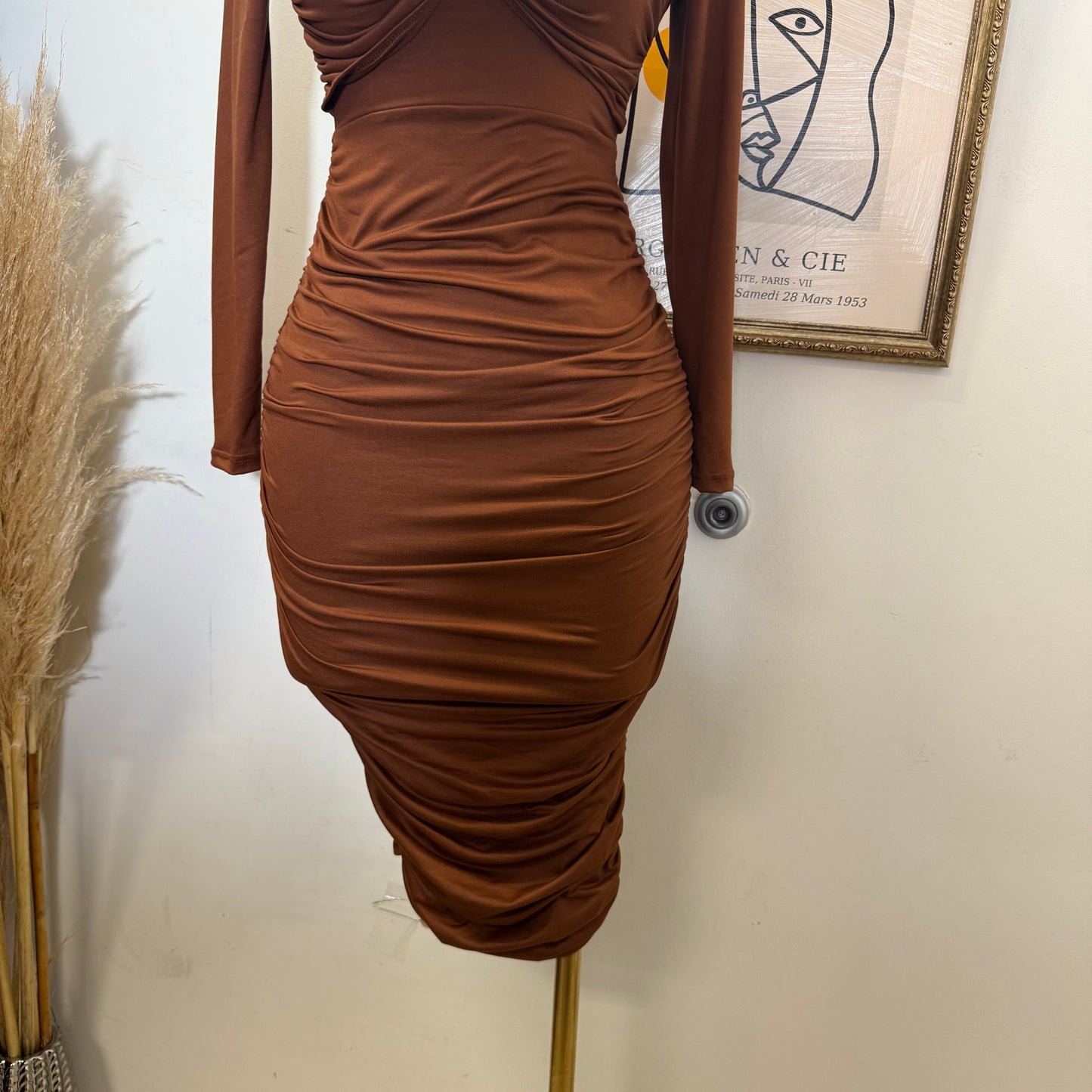 Long Sleeve Double Layered Midi Dress-Mocha
