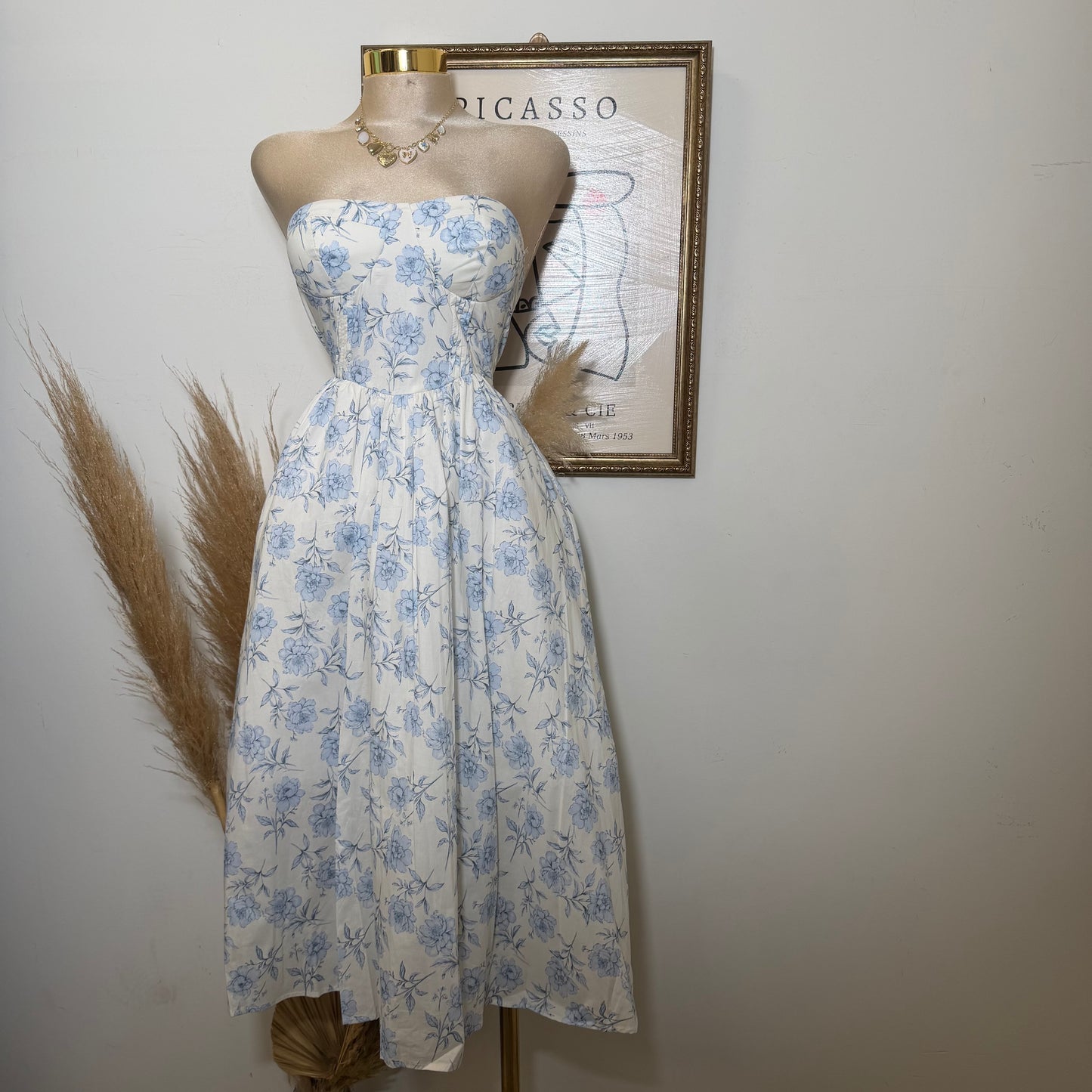 Tube Midi Dress with  Blue Flower-Blue