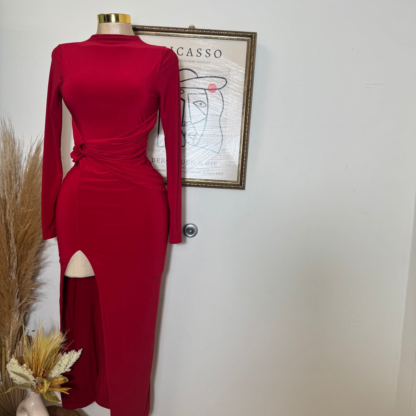 Long Sleeve Open Slit Dress-Red