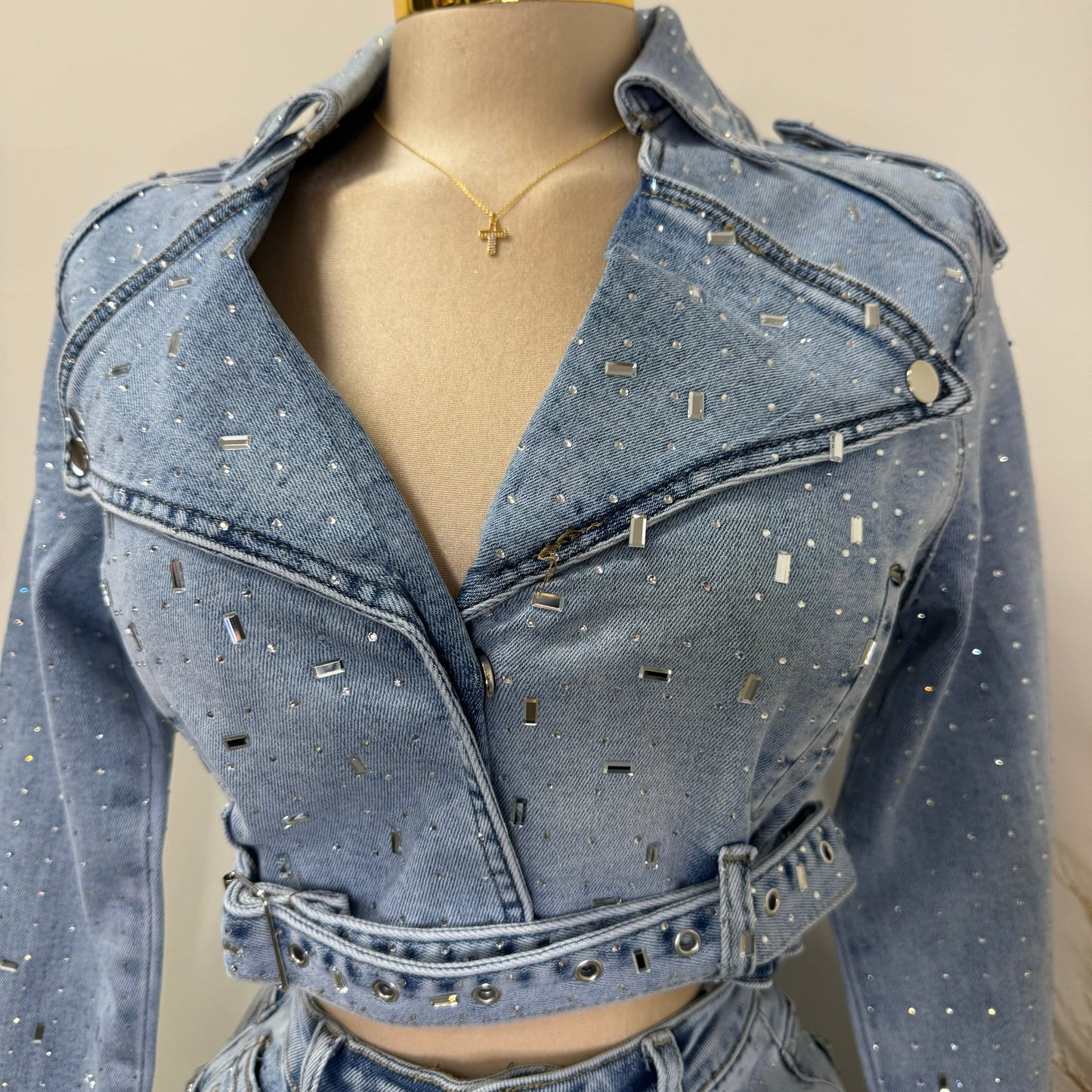 Ximena Rhinestone Denim Jacket-LT Blue