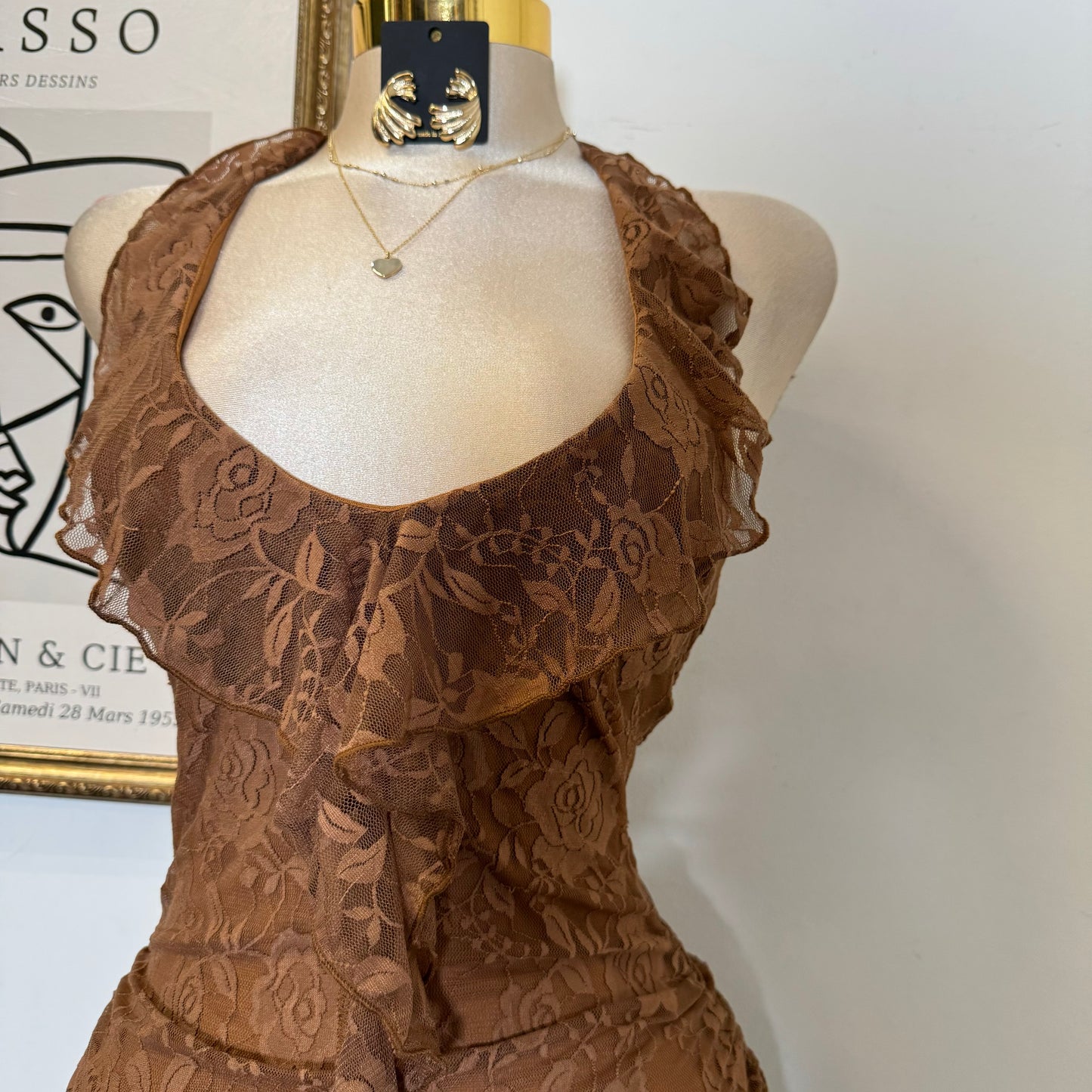 Amy Lace Halter Dress-Brown