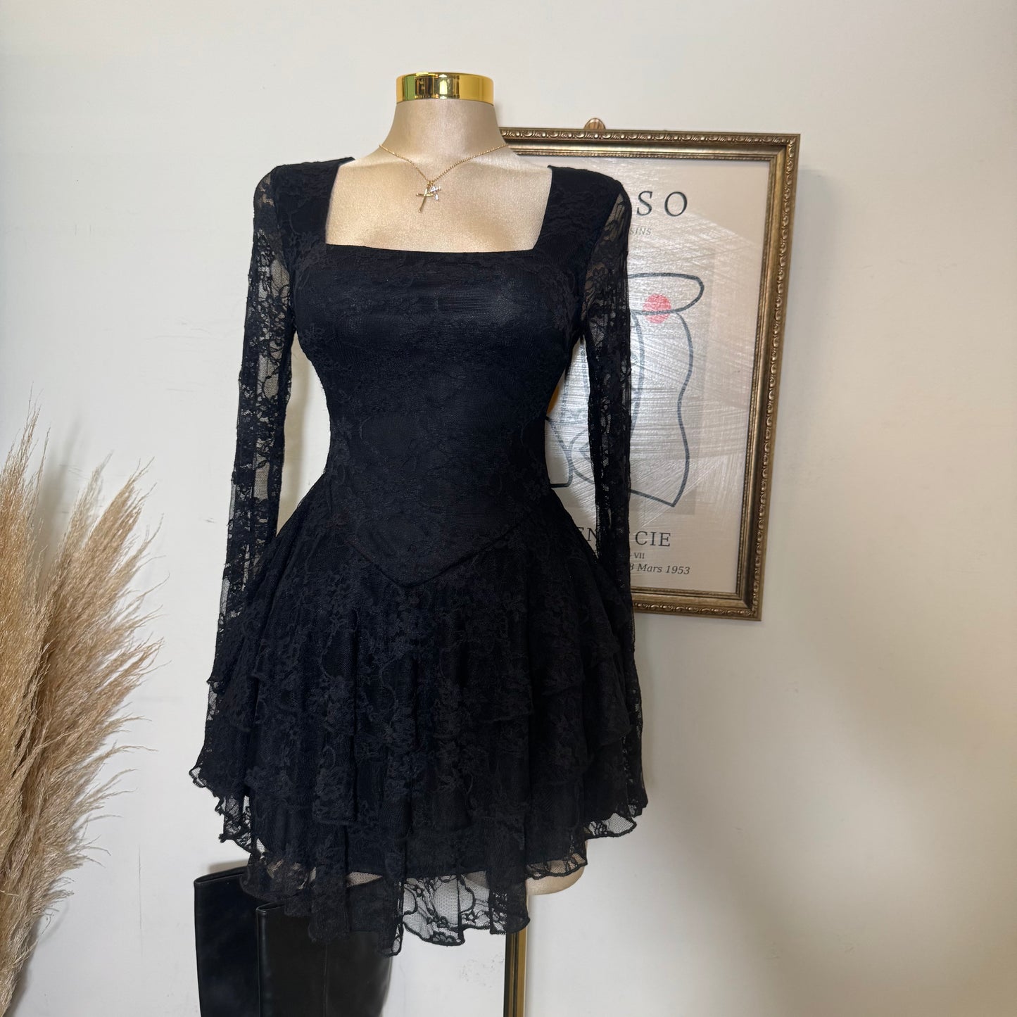 Lace Long Sleeve Ruffle Layered Mini Dress-Black