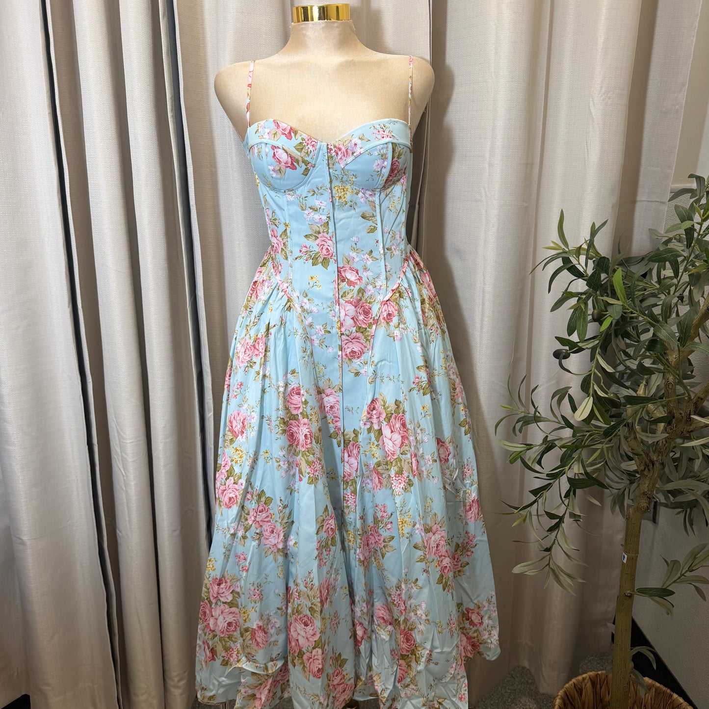 Floral Print Adjustable Straps Loose Maxi Dress-Light blue