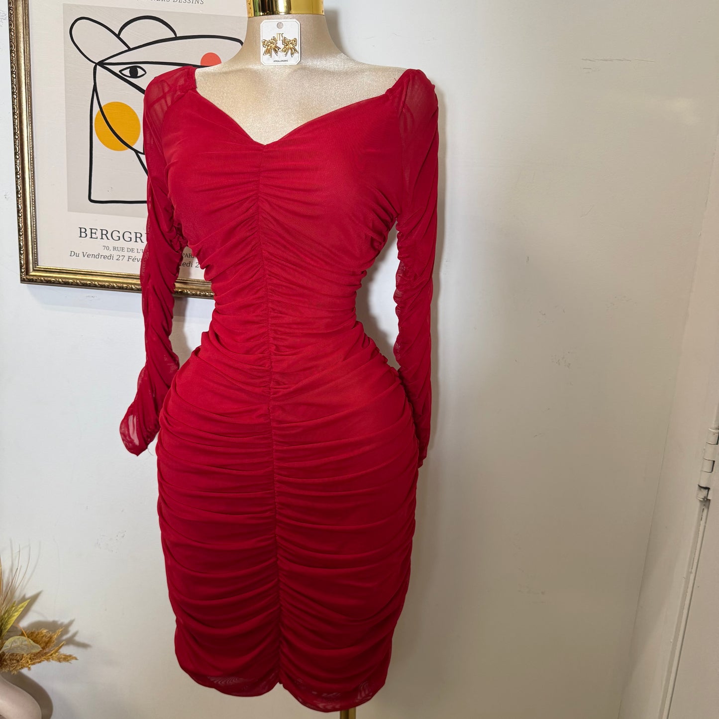 Ruched Off Shoulder Mesh Dress-Red