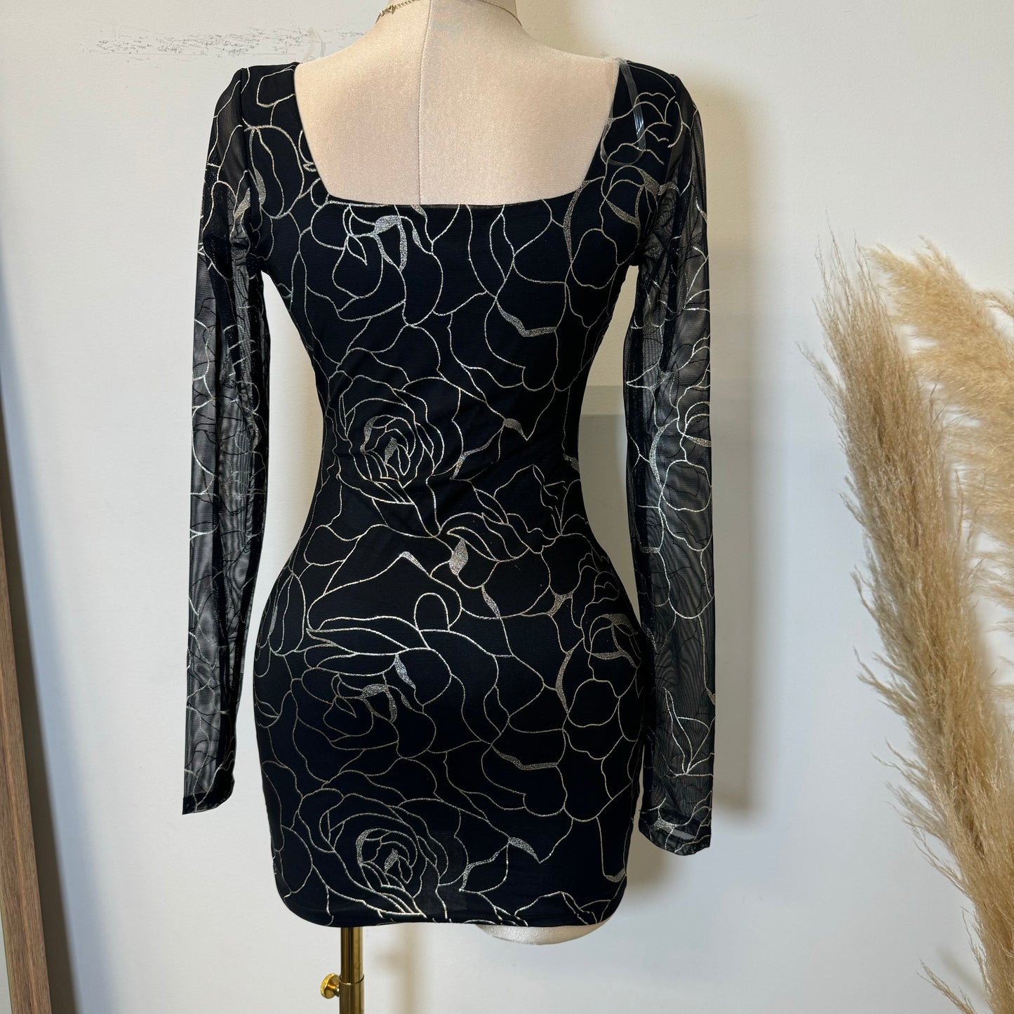 Zuleyna Metallic Foiled Mesh Dress-Black