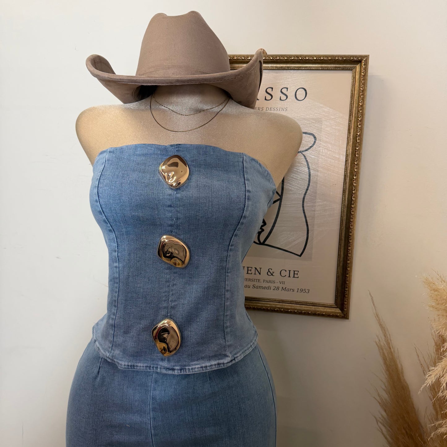 Strapless Denim Pant Set-Light Blue