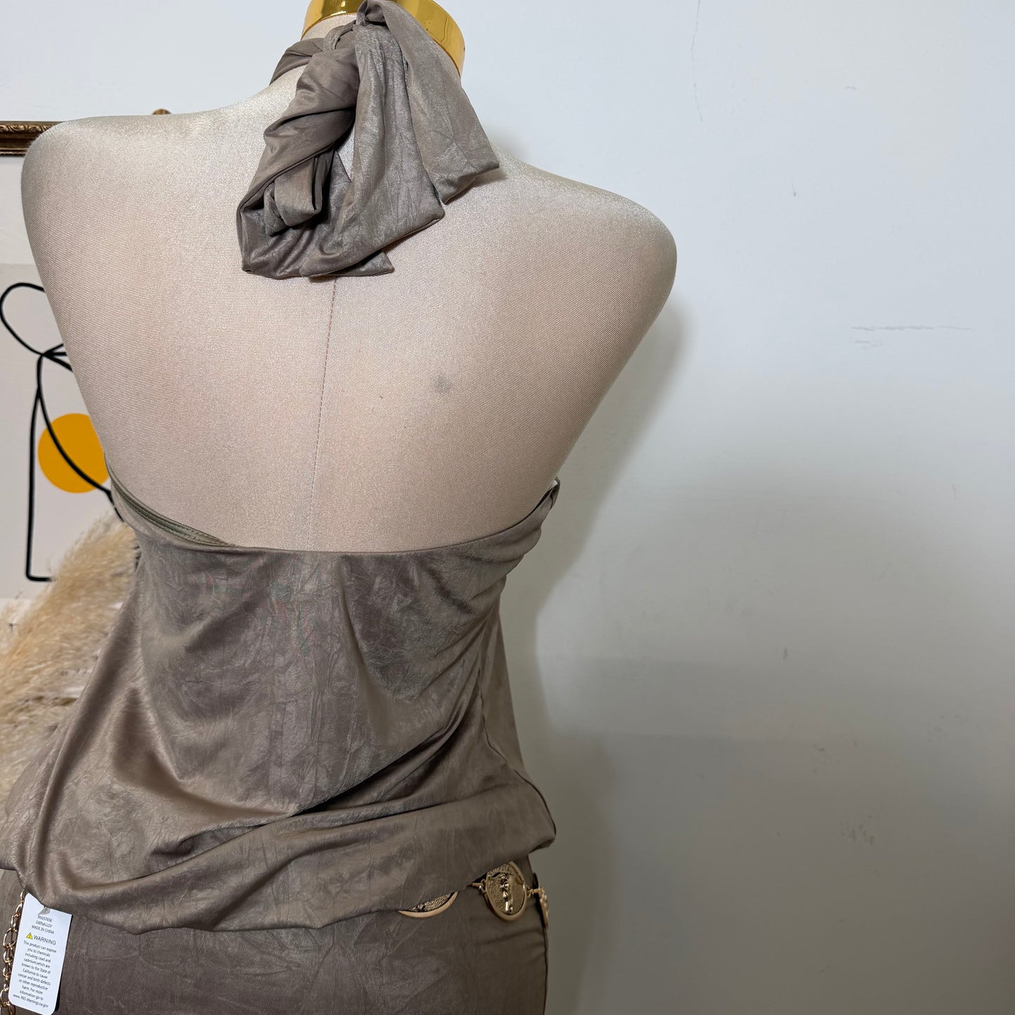 Knot Halter Blouson Bodycon Mini Dress-Mud