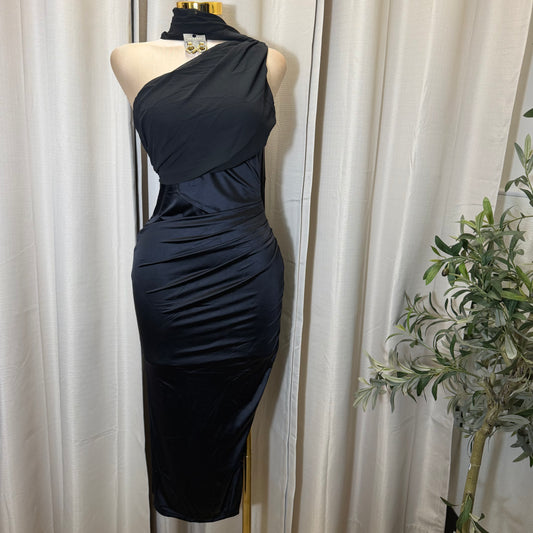 Pearl Satin with Chiffon Sash one Shoulder Dress-Black