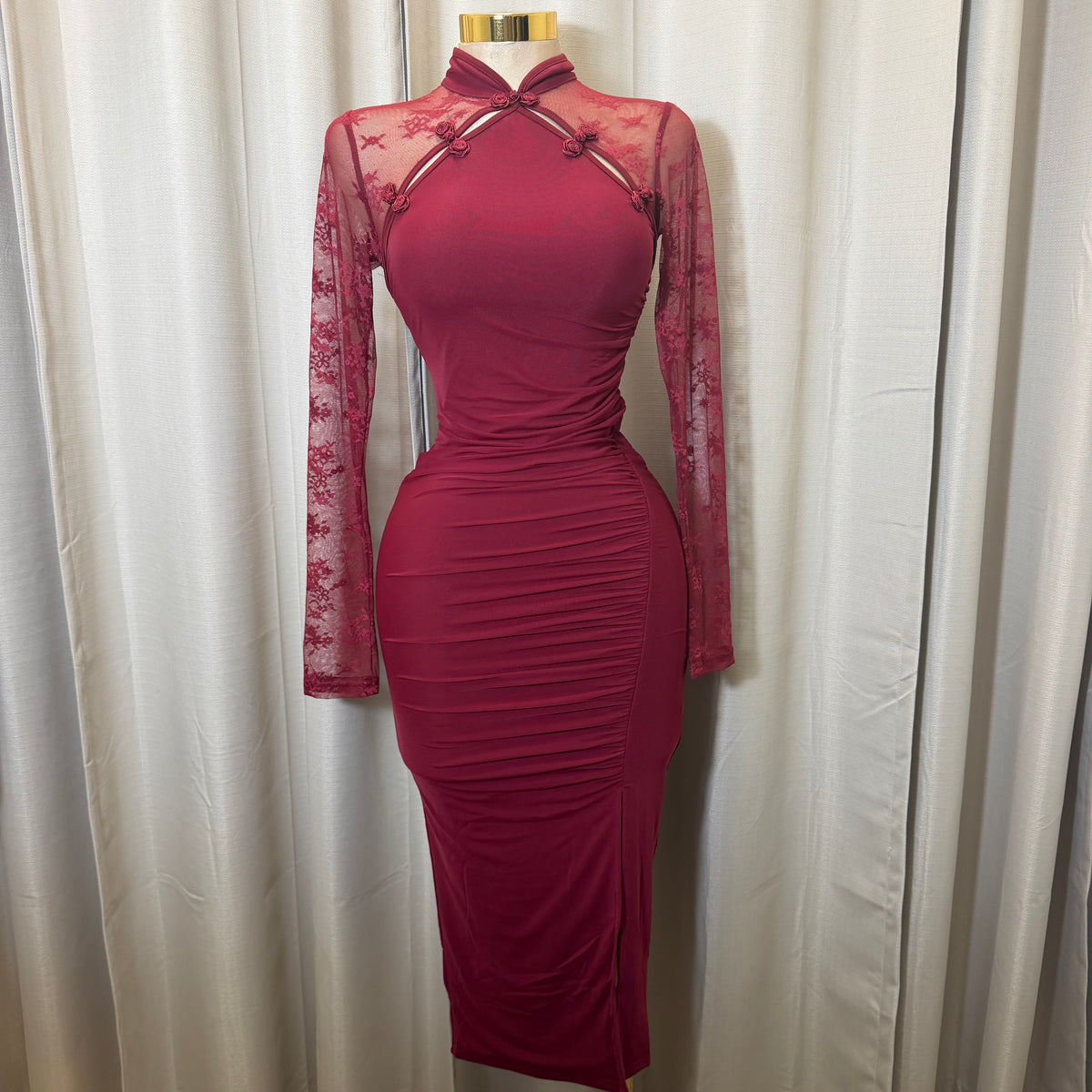 Korean Lace Long Sleeve Midi Dress-Burgundy