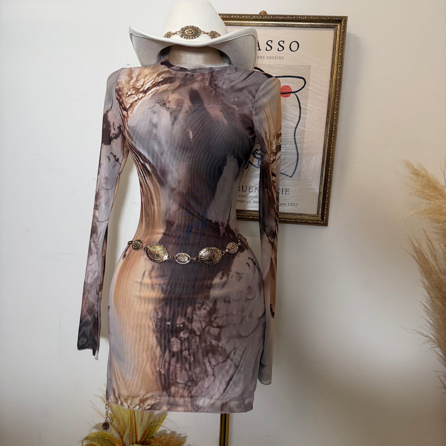 TORY Mesh Long Sleeve Dress-Brown/Beige