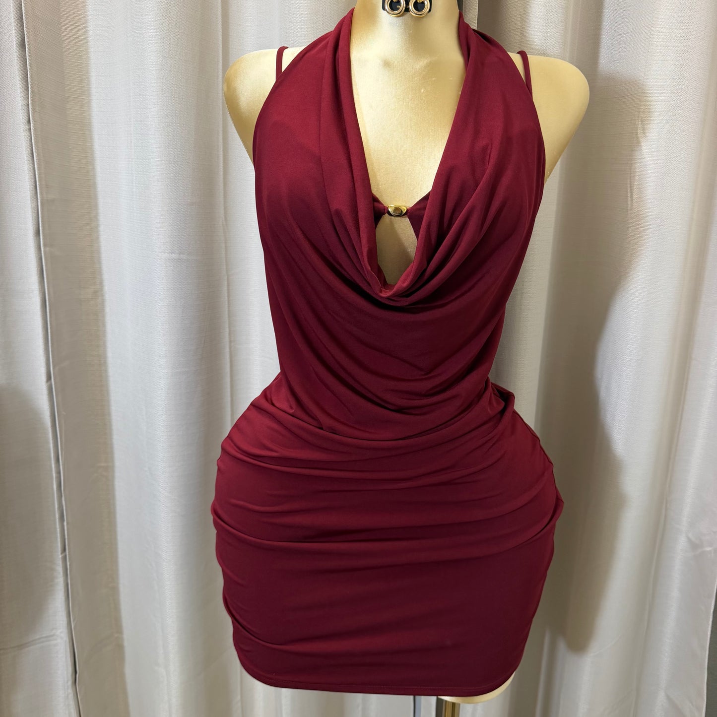 PL-Halter Cowl Neck Dress-Burgundy