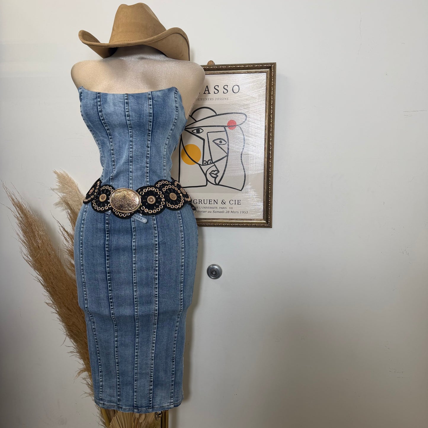 Denim Strapless Midi Dress-LT Blue