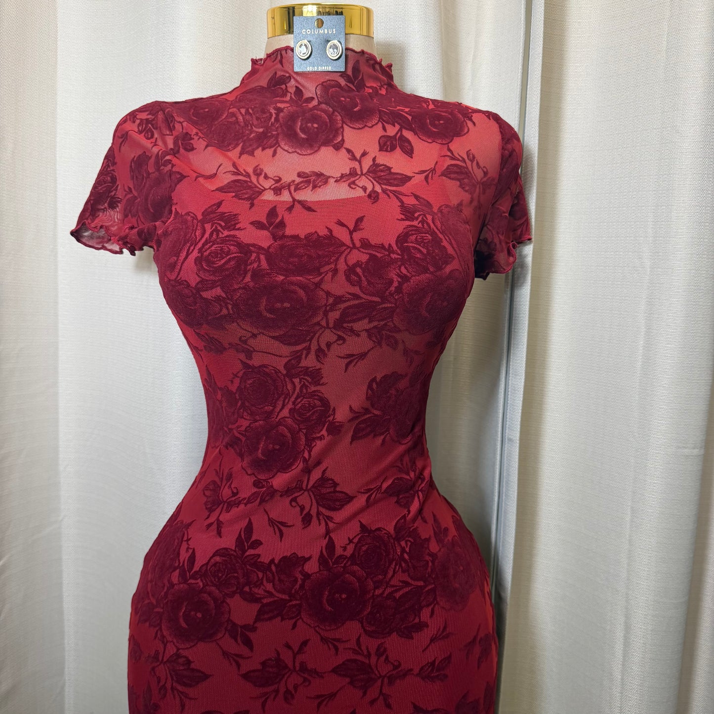 Luxi Mesh Flower Print Dress-Burgundy