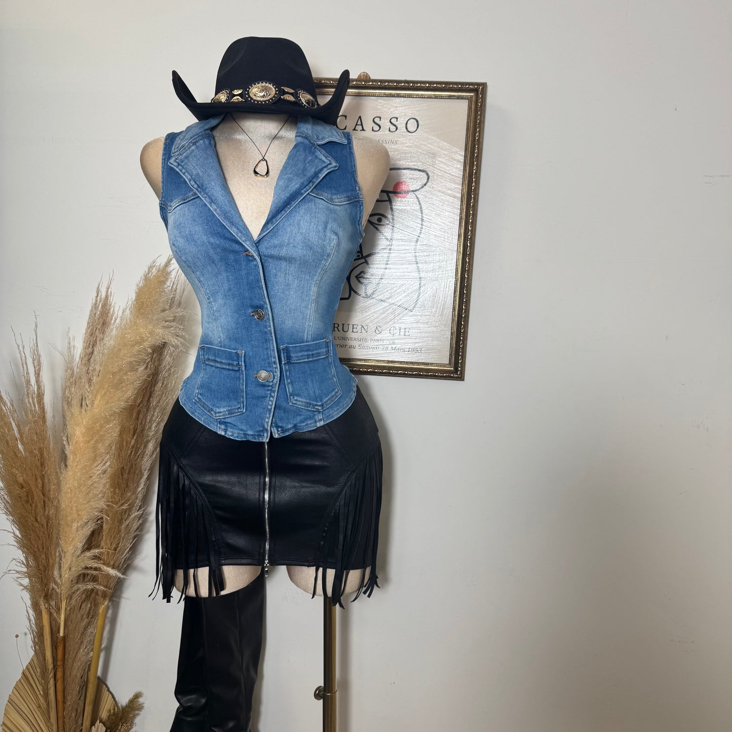 Fringe Detail Zipper Front Mini Skirt-Black