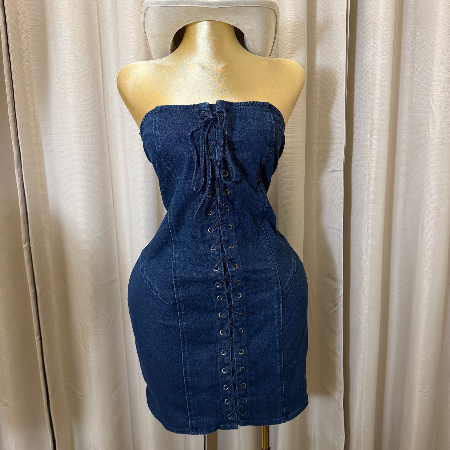 PL-Denim lace up Strapless Denim Dress -Blue