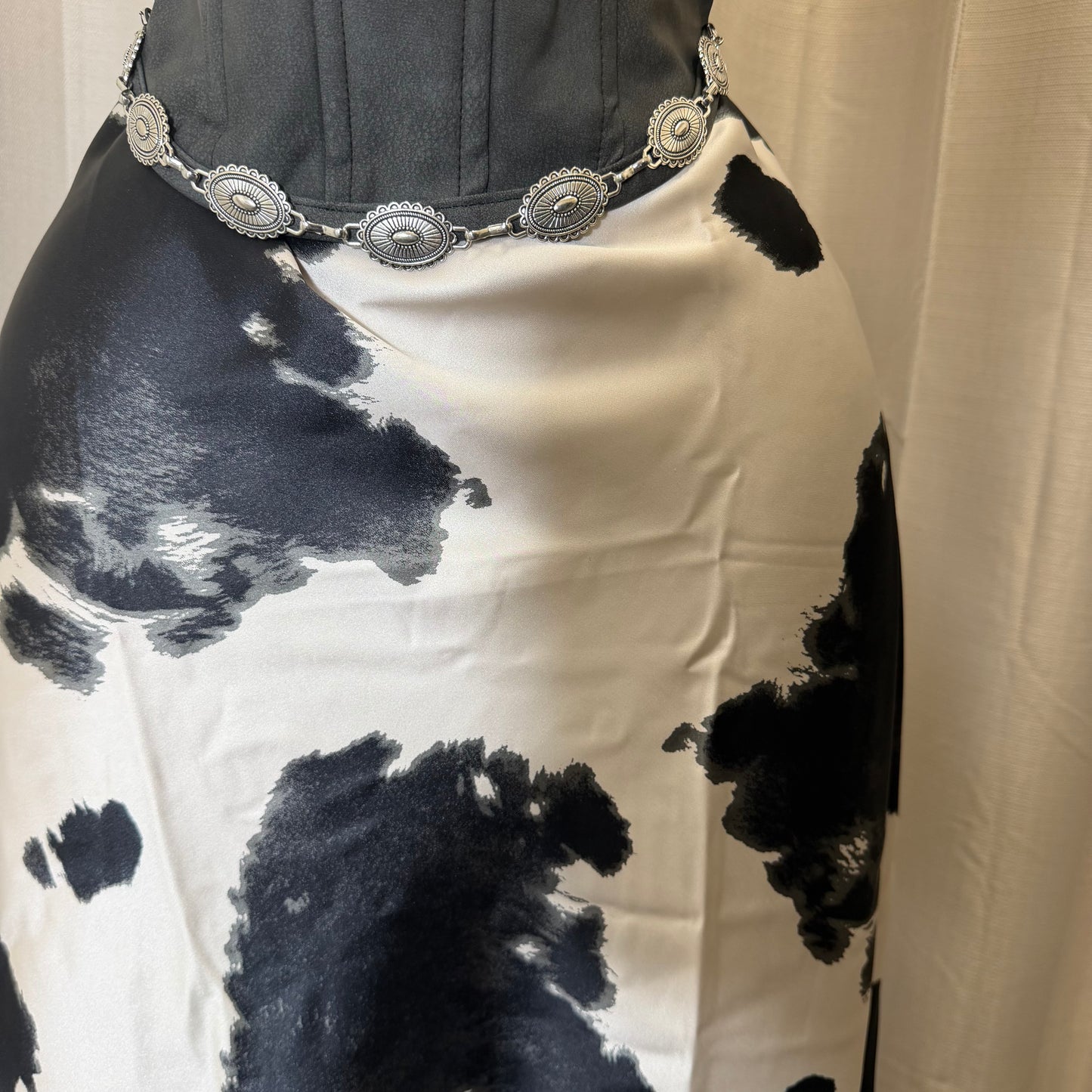 Cow Print Satin Midi Skirt-Black/white