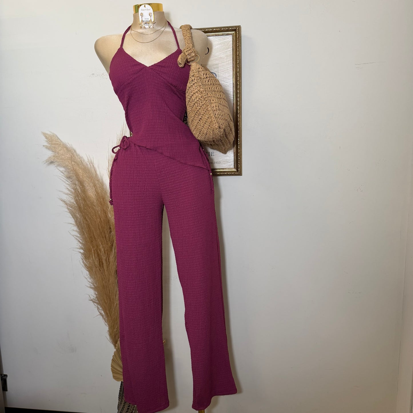 Asymmetrical hem Halter Top Wide leg Set-Berry