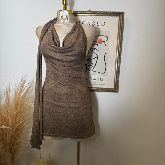 Cowl Halter Scarf Metallic Chainmail Mini Dress-Brown
