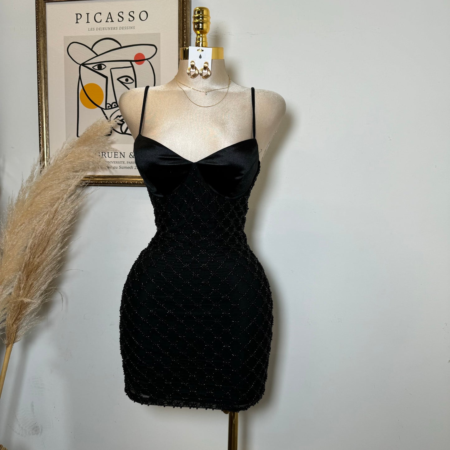 Diamond Pattern bead Dress-Black