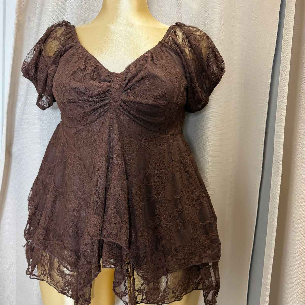 PL-Lace Short Sleeve Top-Brown