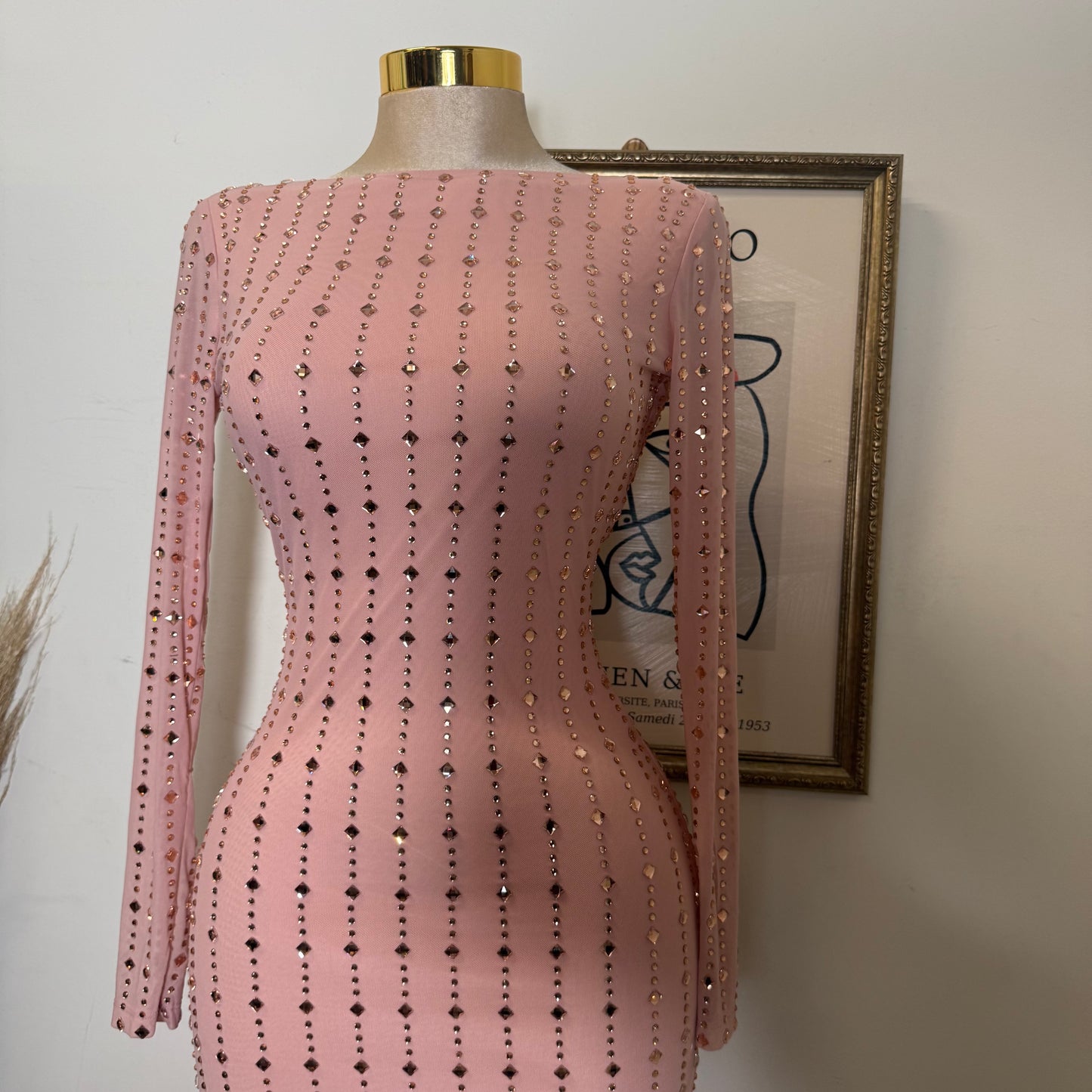 Square Rhinestone On Mesh Midi Dress-Pink